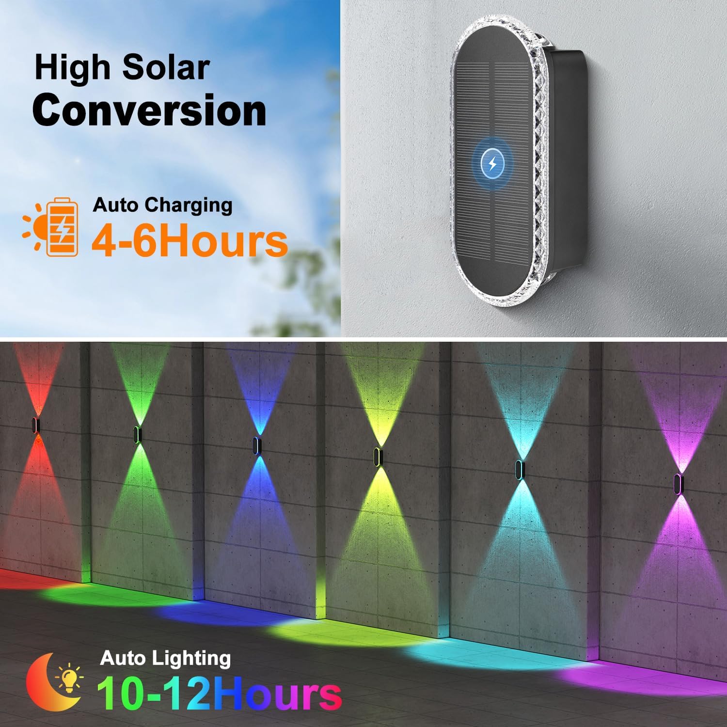 Ellasay Solar Fence Lights Backyark: 6-Pack Fence Lights Solar Powered 8 WRGB Color Modes - Up & Down Waterproof Solar Wall Lights for Outdoor/Yard/Poolside/Porch/Patio/Railing
