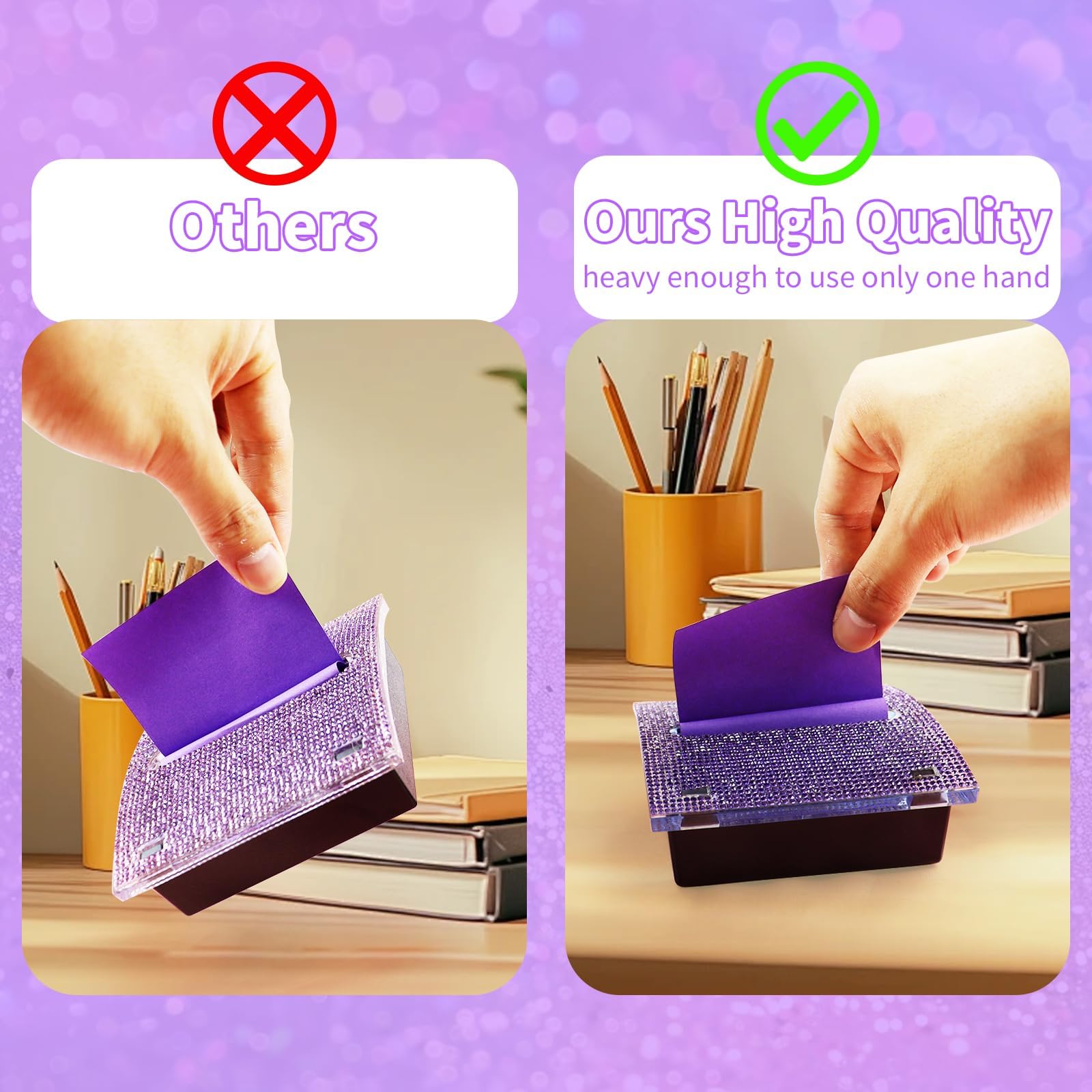 Dispensador de notas autoadhesivo con diamantes de imitación, dispensador de notas adhesivas, dispensador de notas adhesivas de 4 x 4 pulgadas para escritorio (morado)