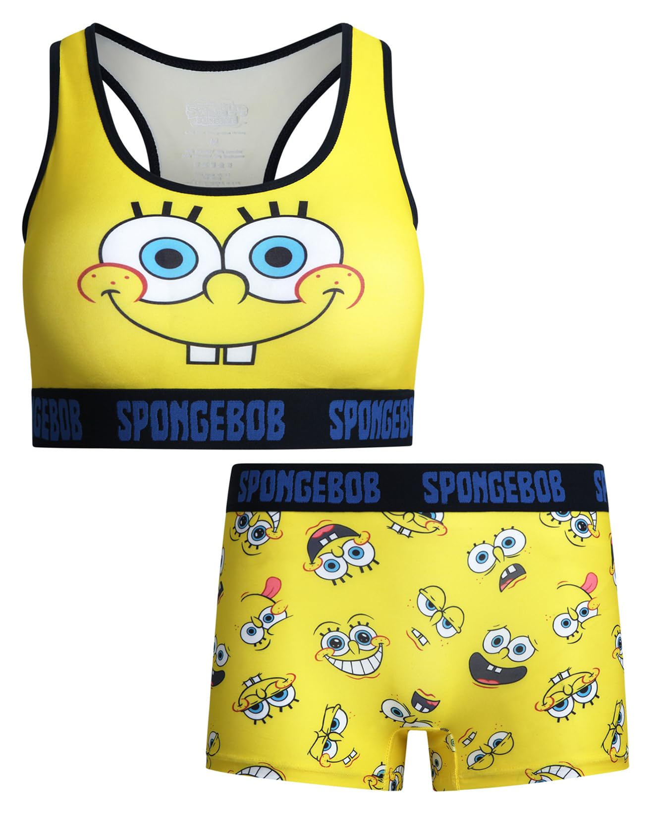 COCO BRANDS SpongeBob SquarePants Womens Sports Bra Set - 2 Piece Sports Bra and Boxer Briefs Underwear Set for Women (S-XL), Spongebob Close Up, Large