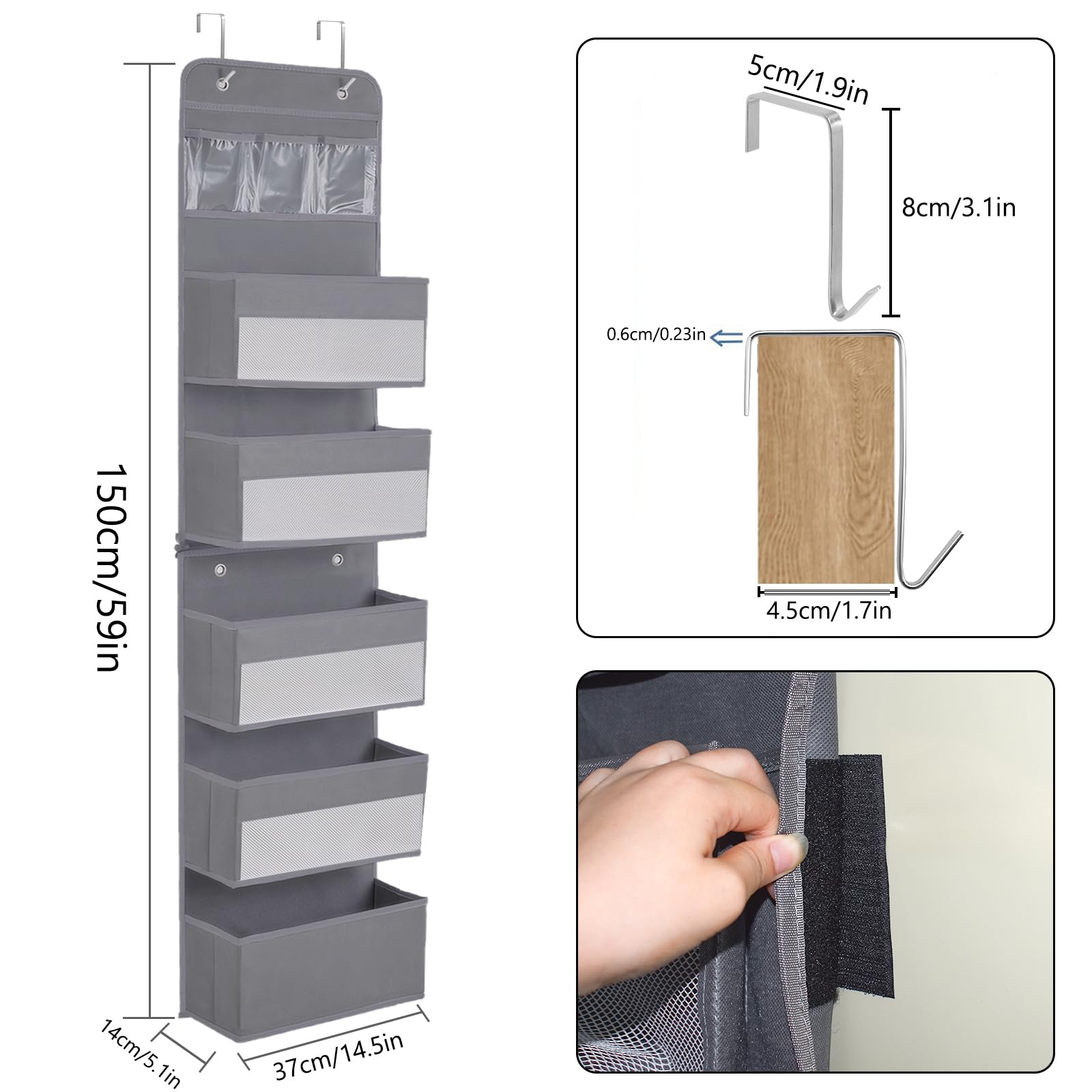 Organizer wiszący, wyjmowany wiszący organizer na drzwi z 5 kieszeniami na drzwi z 4 haczykami, wiszący organizer z materiału do zawieszenia na futrynie drzwi, sypialni, pokoju dziecięcego,
