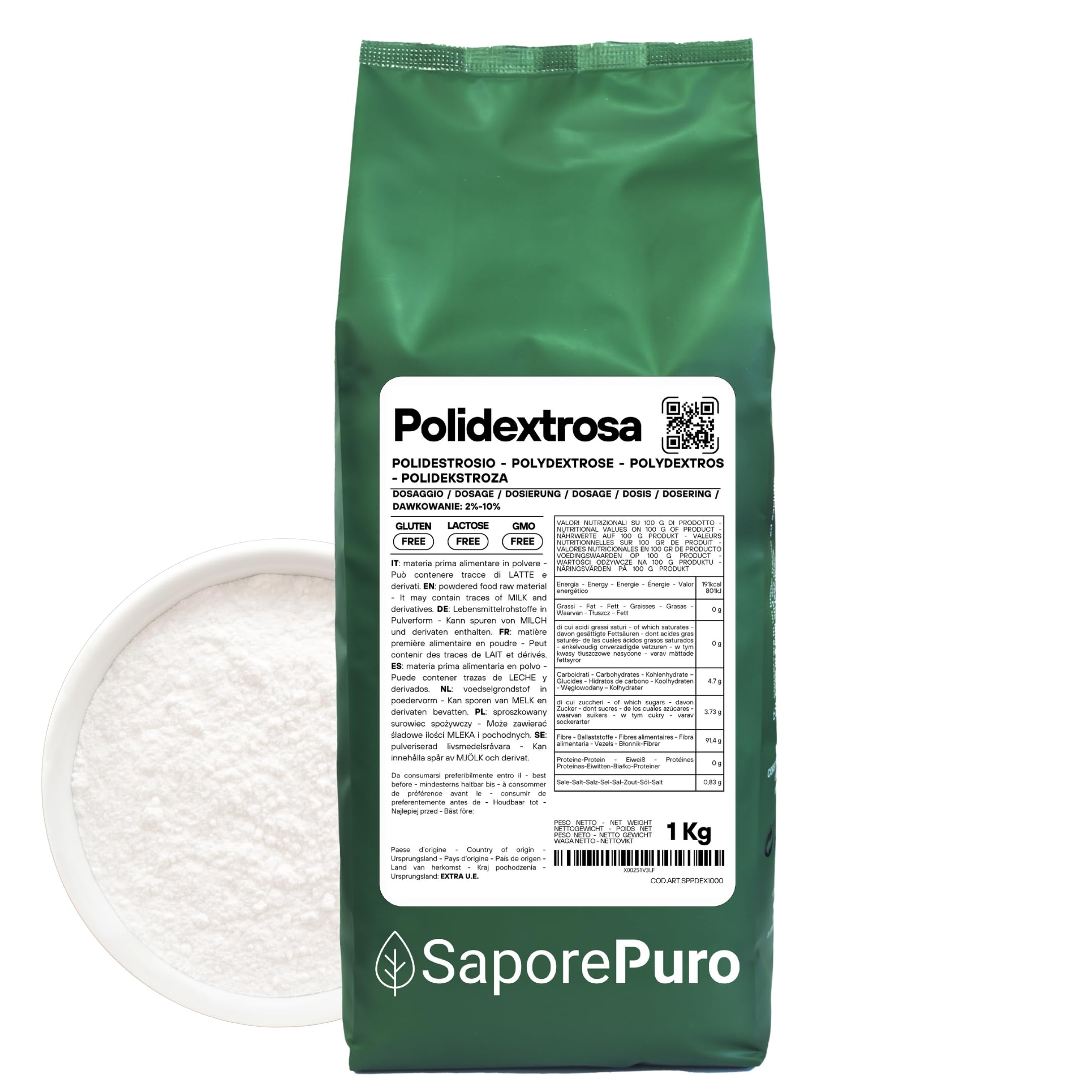 SaporePuro Polidextrosa en polvo 1 kg – Fibra alimentaria soluble – Bajo en calorías, espesante y estabilizante, ideal para helados, postres, productos de repostería y bebidas