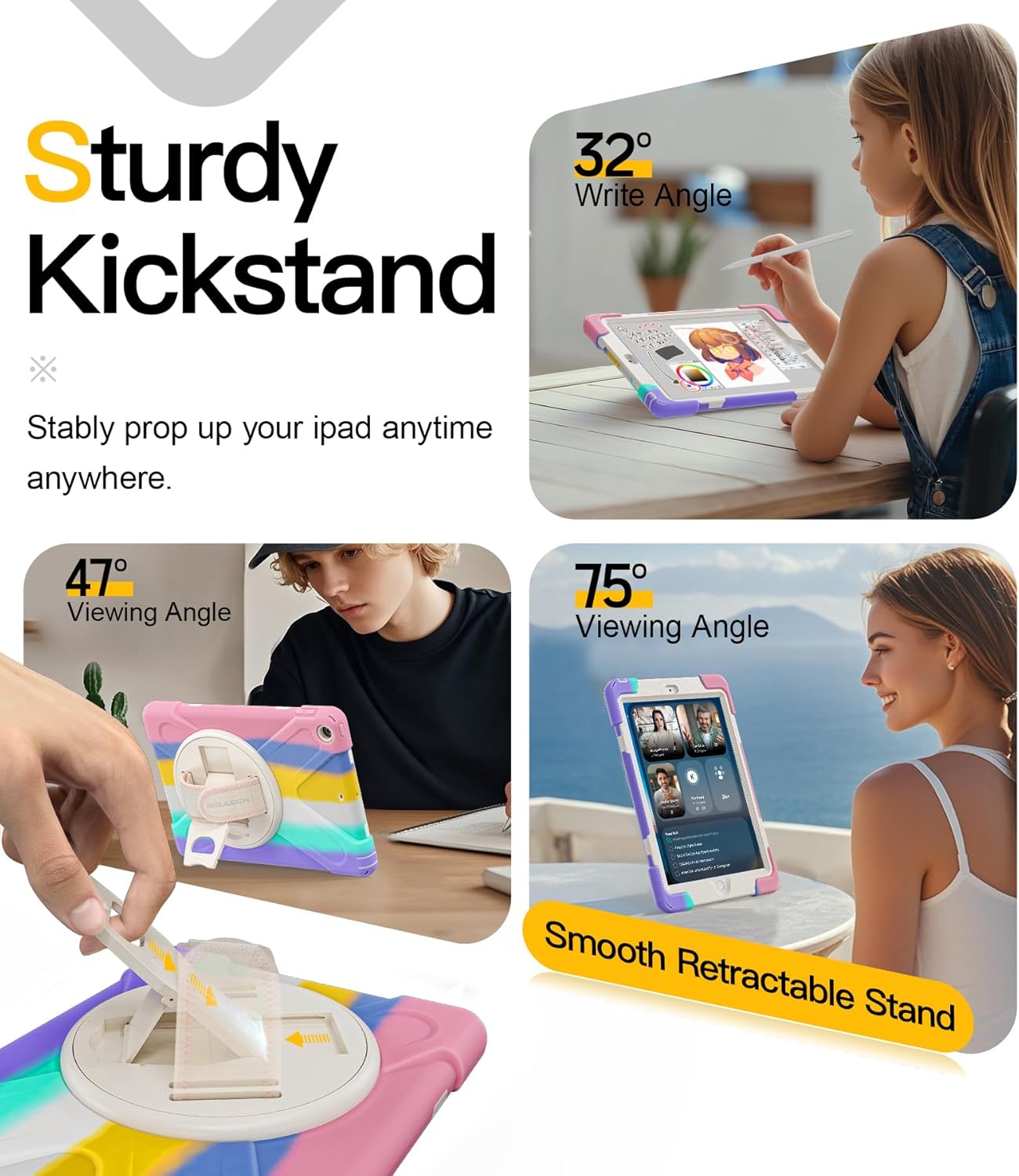 BRAECN Kids Case for iPad 6th/5th Generation 9.7 inch 2018/2017, Rugged Heavy Duty Shockproof Cover for iPad 6th/5th Gen, 360° Rotating Kickstand & Soft Hand Strap & Shoulder Strap, Light Rainbow
