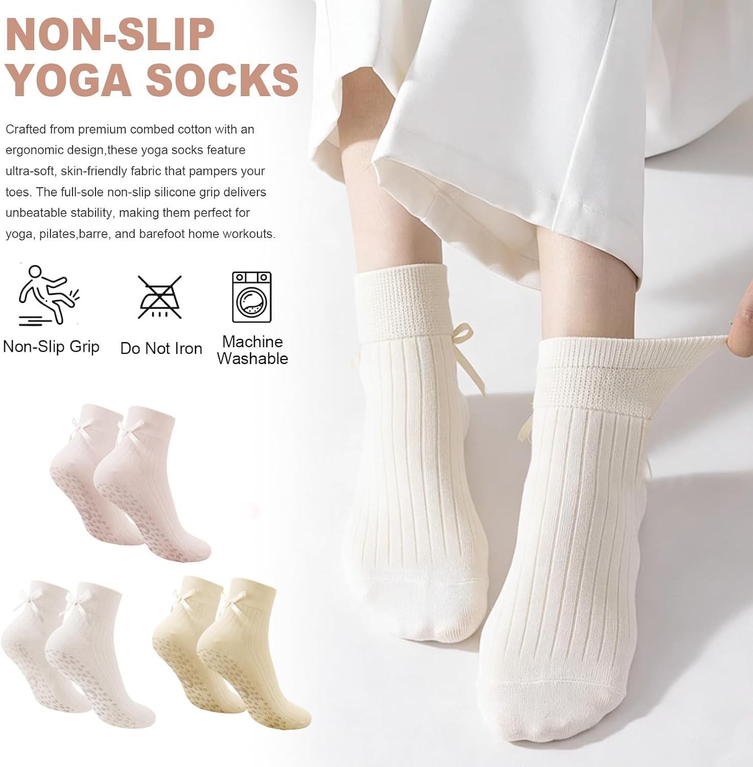 3 Pairs Pilates Yoga Socks with Grips, Cute Non-Slip Socks for Women, Assorted Patterns for Everyday Wear
