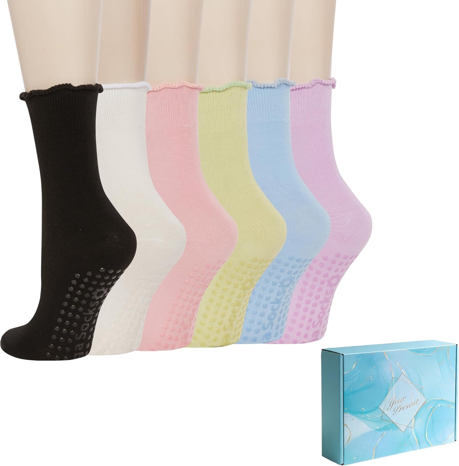 Benefeet Sox Pilates Socks Women Non-Slip Grip Ruffle Frilly Yoga Socks Slipper Sock for Barre Hospital Workout 5/6 Pair