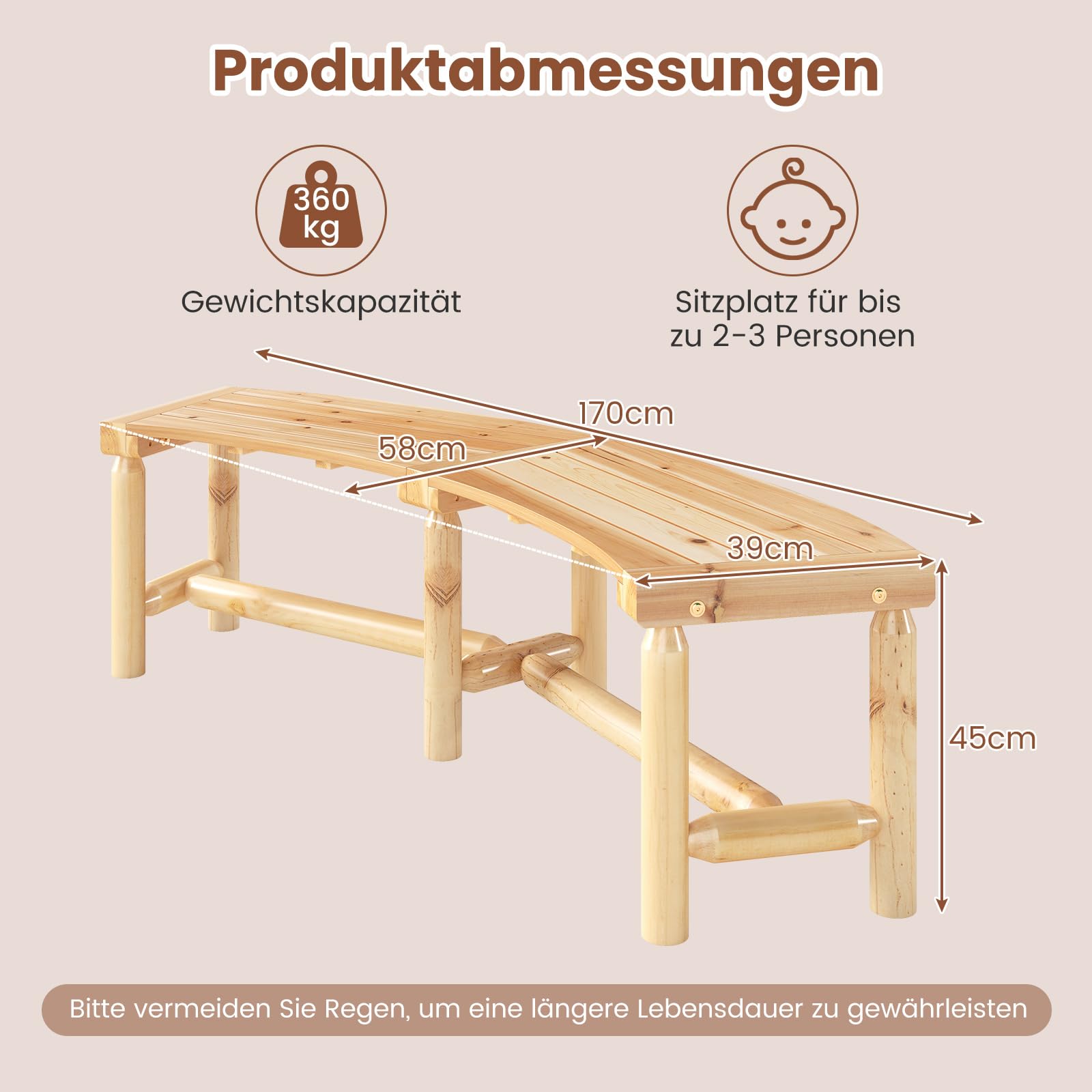 COSTWAY Ławka wygięta, drewniana bez oparcia, odporna na warunki atmosferyczne, do 3-osobowej, obciążenie do 360 kg, tarasowa, parkowa