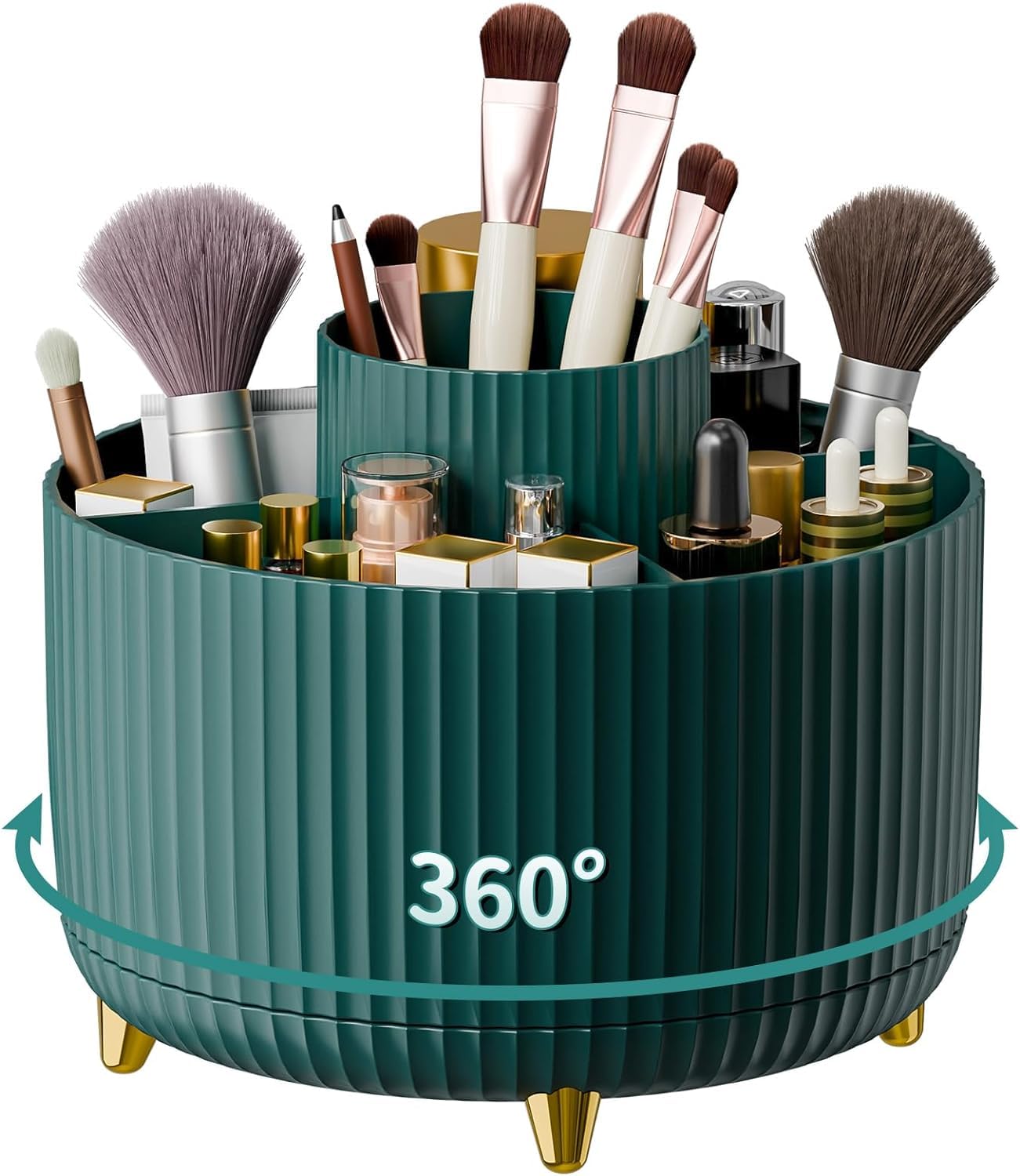 WIWIUXY Makeup Brush Holder Organizer,360° Rotating Makeup Brush Organizer,5 Slot Make up Brushes Cup for Cosmetics, Nail Polish, Art Supply, Bathroom Vanity Desktop Organizer - Green