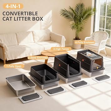 Stainless Steel Litter Tray with Lid, XXL Enclosed Cat Litter Tray for Big Cats, Easy to Clean High Sided Metal Kitty, Front & Top Entry, Scoop, Mat & Foot Pedal - Black
