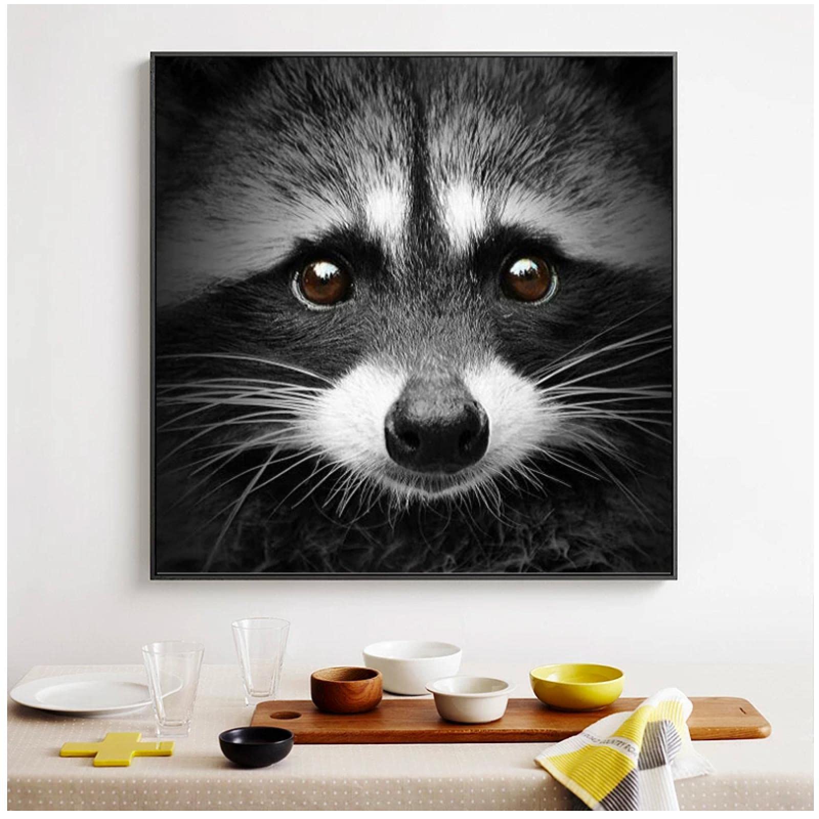 Amazon.co.jp: 現代の黒と白のアライグマのキャンバスの絵画動物