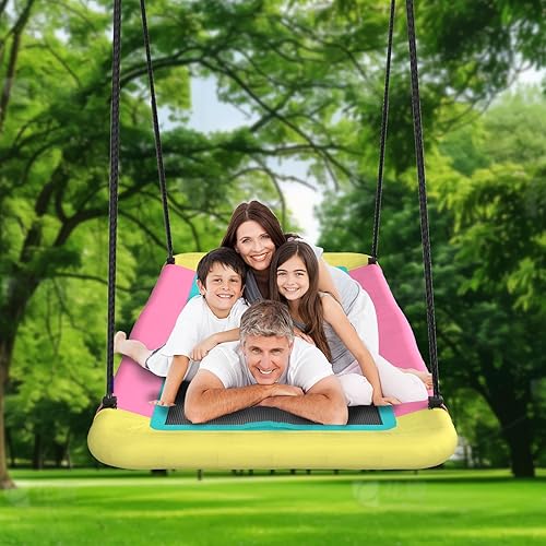 Miniatura 6 de Columpio de árbol de plataforma rectangular de 60 pulgadas para niños y adultos, columpio volador gigante con correa ajustable para colgar, tela de