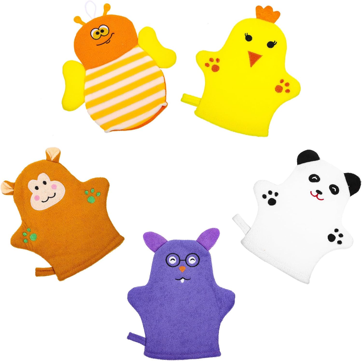 Bath Gloves and Washcloths for Infants, 5Pcs Reusable Cotton Scrubbing Mitts with Cartoon Design, Soft Body Scrubbing Gloves Suitable for Shower and Bathing