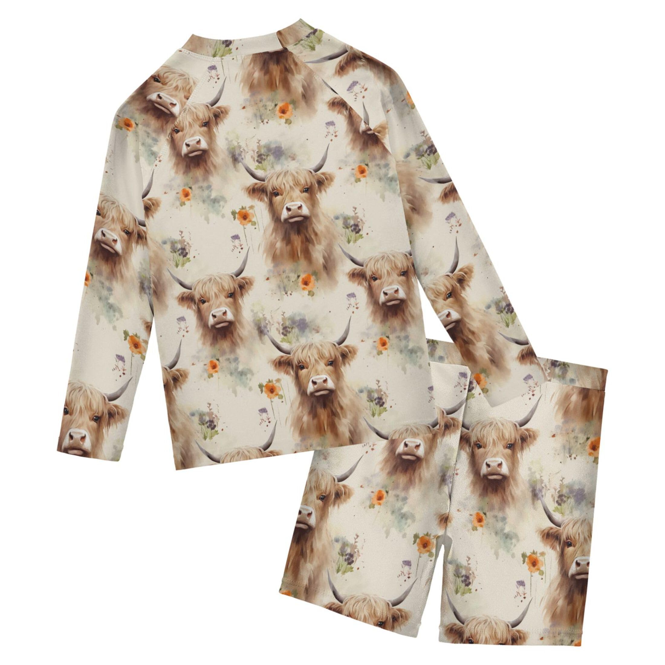 Highland Cow Animal Baby Boys' Toddler Long Sleeved Rashguard Swim Bathing Suit Set B0403016