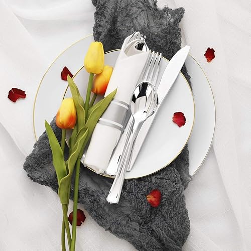 Vista 38 de Supernal Paquete de 60 servilletas preenrolladas con cubiertos de plástico dorado, juego de cubiertos desechables de primera calidad envueltos en Oro