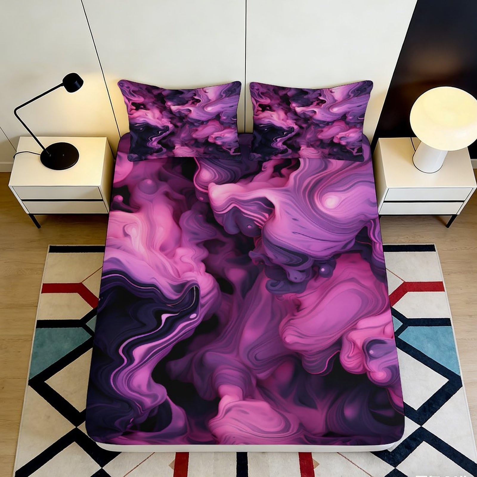 3D Printed Purple Ink Swirl Fitted Sheet Microfiber Soft Gradient Mist Mattress Cover for Bedroom Dorm Mattress Decor 90x200x25cm