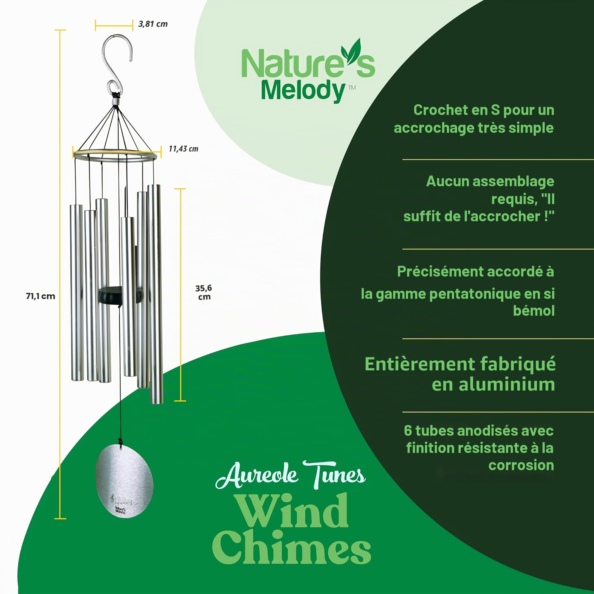 Nature's Melody Aureole Tunes Carillon à Vent d'extérieur, 6 Tubes, Gamme pentatonique en Si, Aluminium Inoxydable, Finition poudrée, Crochet en S, pour condoléances, Cadeau commémoratif, Jardin Zen