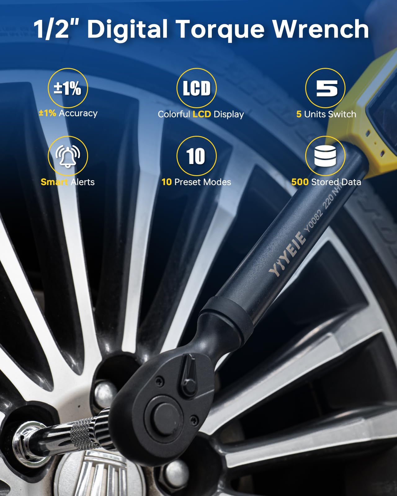 YIYEIE 8 llaves dinamométricas digitales de 1/2 pulgada | 8-160 pies-libras | Precisión ± 1% | Alerta inteligente Multi | Kit de lengüeta de neumático de 1/2 pulgada para motocicleta, automóvil