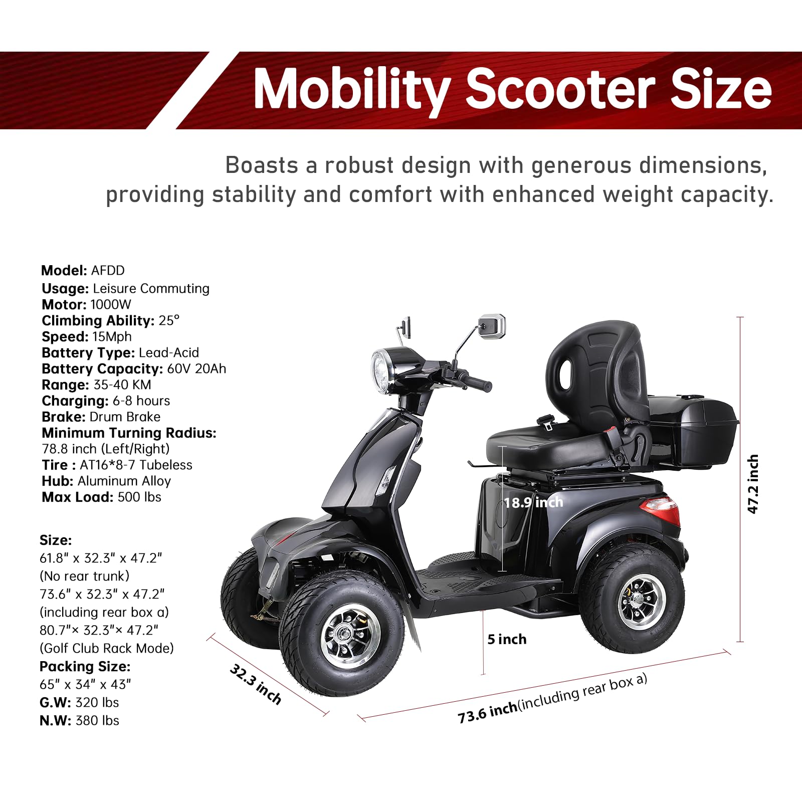All-Terrain 4-Wheel Mobility Scooter Heavy Duty Electric Scooter Golf Powered Scooter for Adults & Seniors, 1000W Motor, Long Range 31 Miles, 3-Speed Mode, with Rear Box & Golf Bracket (Black)