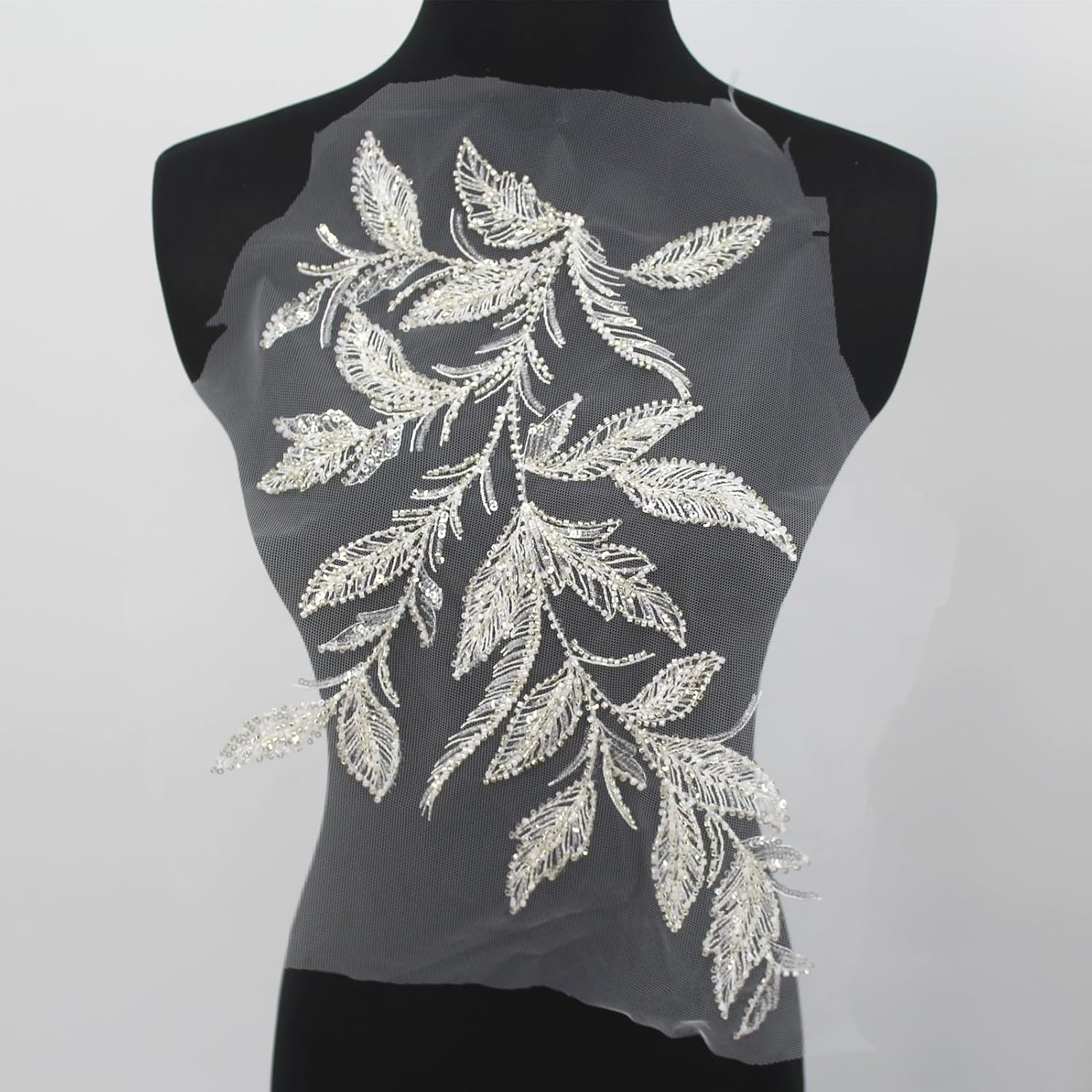 1PC 3D Beaded Embroidery Sequin Lace Applique Sew On Flower Fabric Collar Patch for Wedding Gown Dress Bridal DIY Crafts (Left)