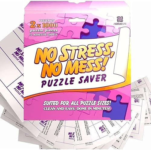 Permanent Adhesive Puzzle Saver Sheets - Preserve 2,000 Piece Jigsaw Puzzles - No Stress, No Mess - 12 Peel and Stick Puzzle Glue Sheets with 4 Self-Adhesive Hangers