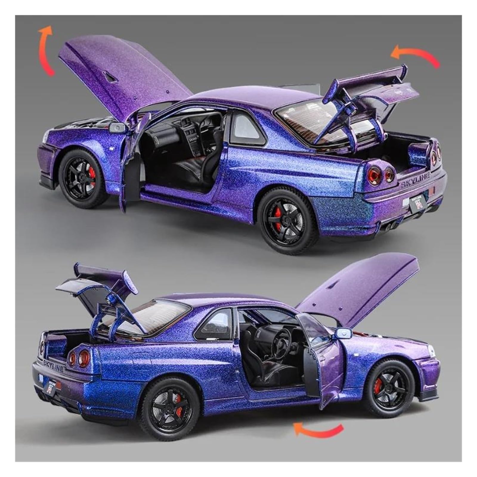 Metal Réplica Escala 1 24 Nissan GTR-R34 con Sonido Coche Deportivo De Aleación Modelo Decoración Hobbies Vehículos Juegos Set(Purple)