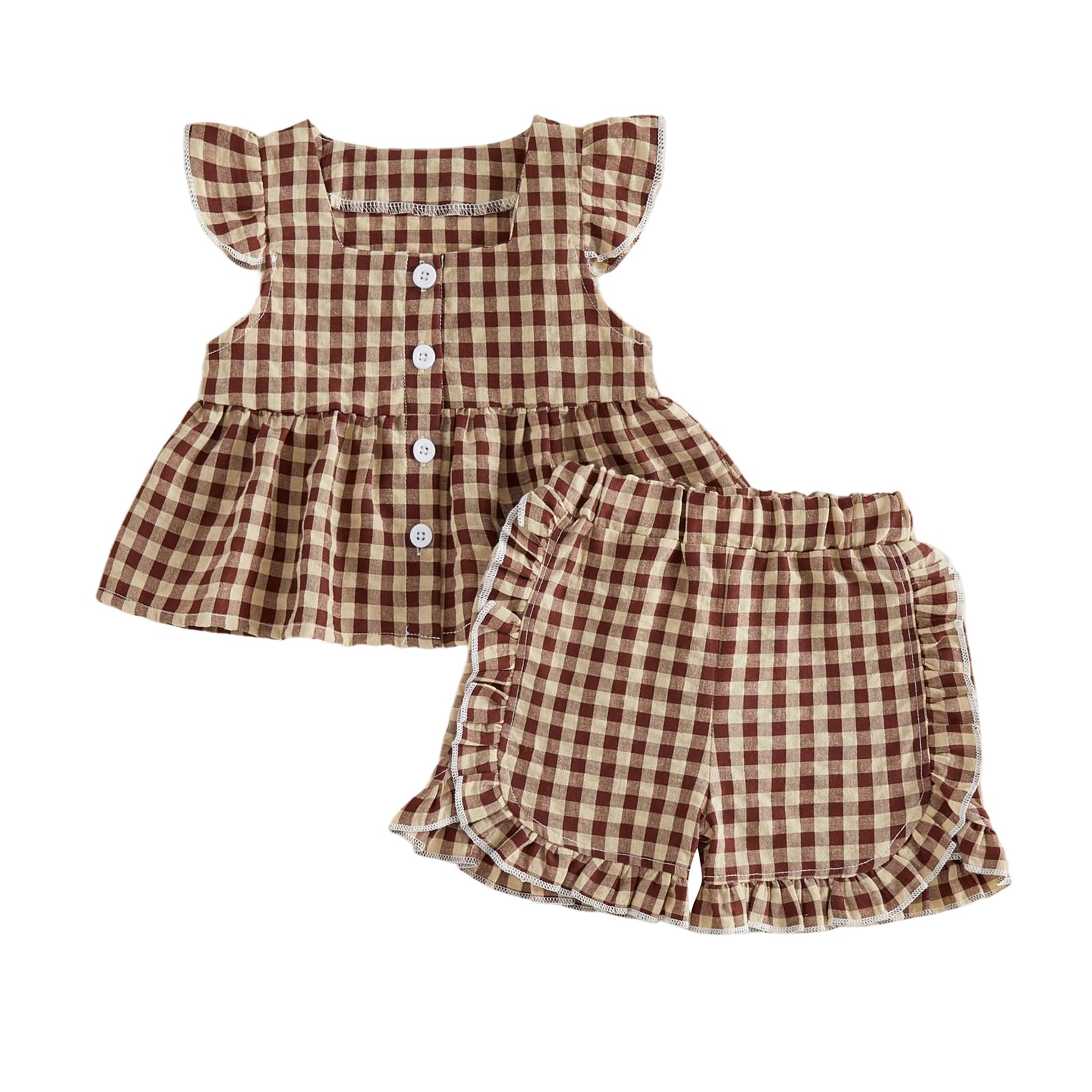 Toddler Baby Girl Summer Clothes Infant Girl Plaid Outfit Strawberry Ruffle Gingham Shirts Dress Tank Top Shorts Set — view 17