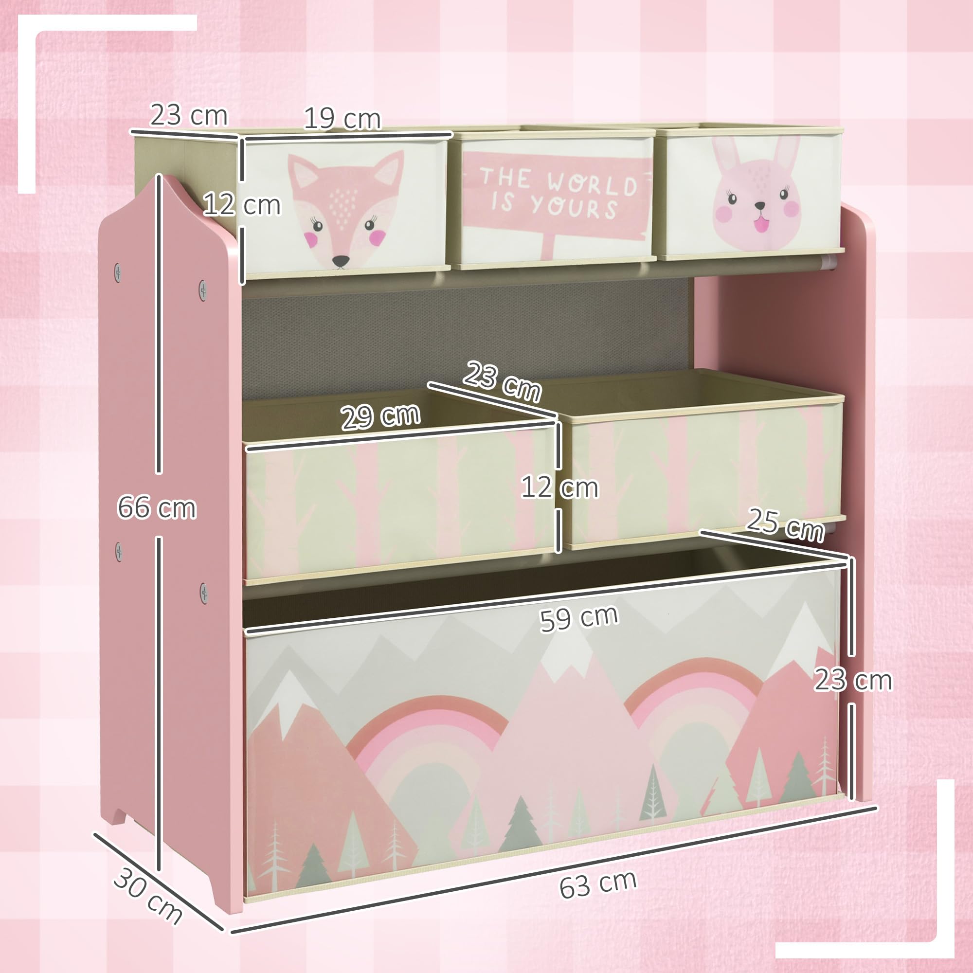 ZONEKIZ Meuble Rangement Enfant, Rangement Jouet Enfant, 6 boîtes Amovibles en Tissu Non tissé, bibliothèque, Organisateur de Jouets pour Salle de Jeu, garderie, école, 63 x 30 x 66 cm, Rose