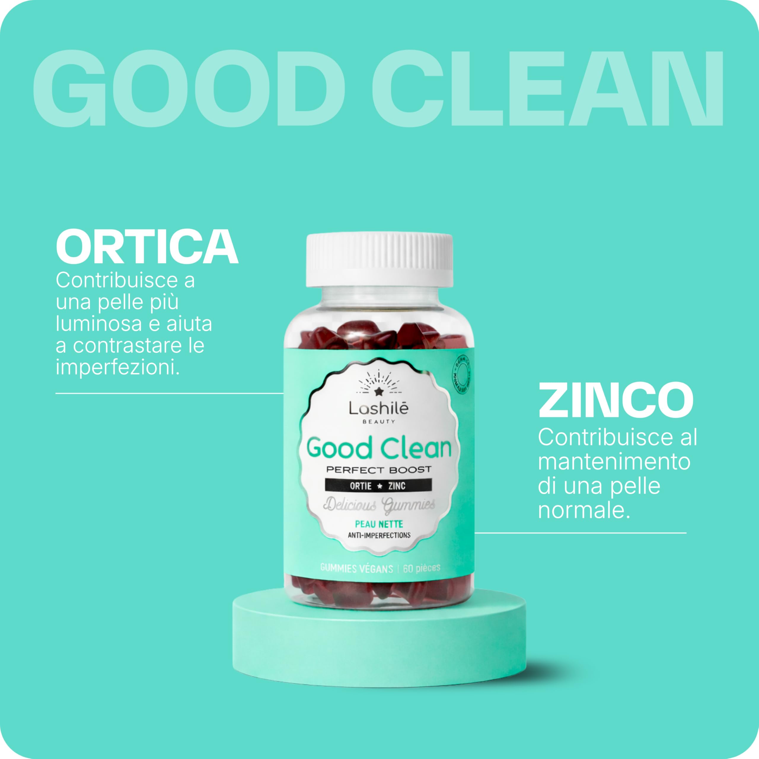 Lashilé Beauty - Integratore alimentare Anti-Acne - Pelle Netta e Anti-Imperfezioni - Regola il Sebo e Purifica - Good Clean Vitamine - Made in France - Bardana Ortica Zinco - Cura 2 Mesi 120 Gummies