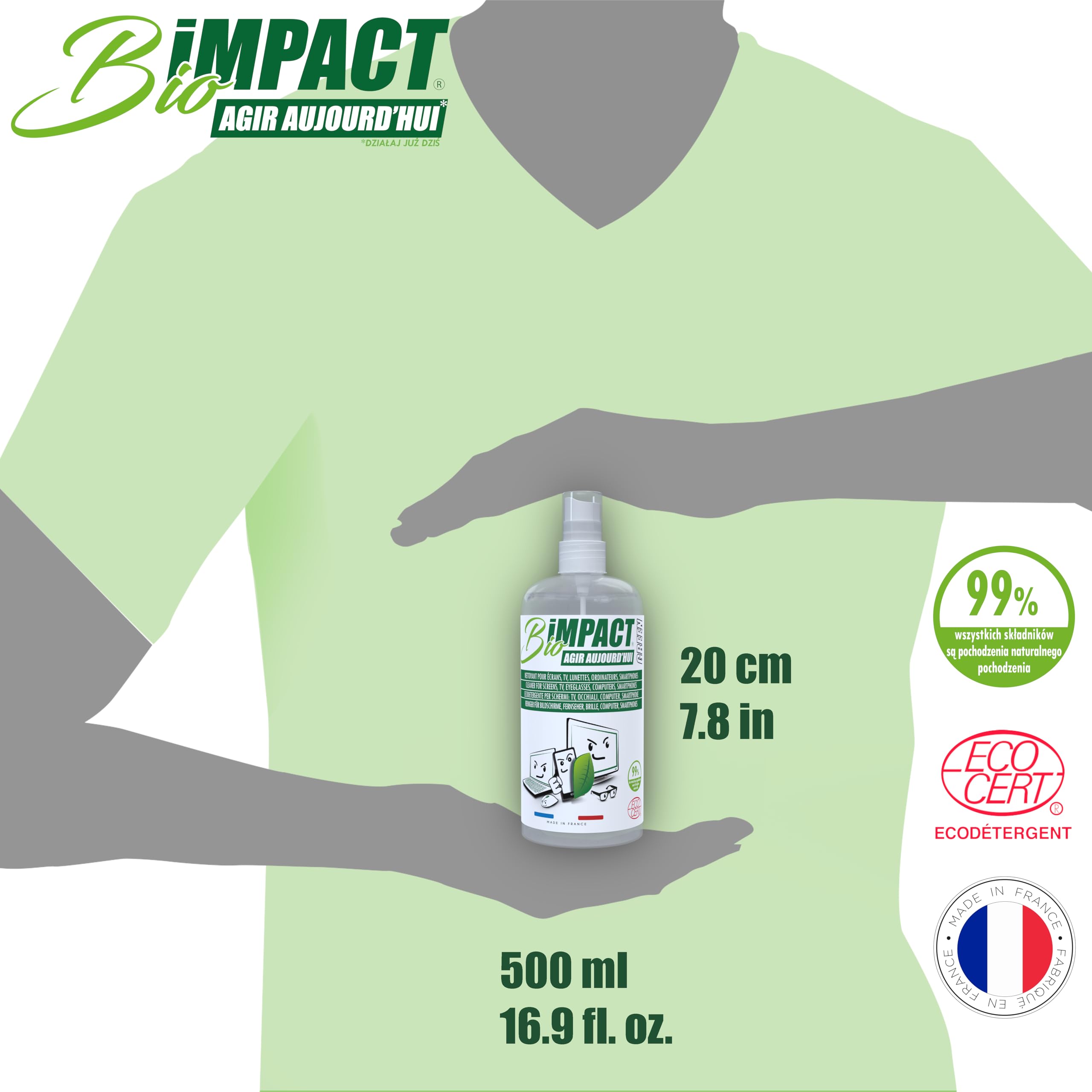 Płyn do czyszczenia ekranów TV, okularów, smartfonów, 500ml, Naturalny z certyfikatem Ecocert