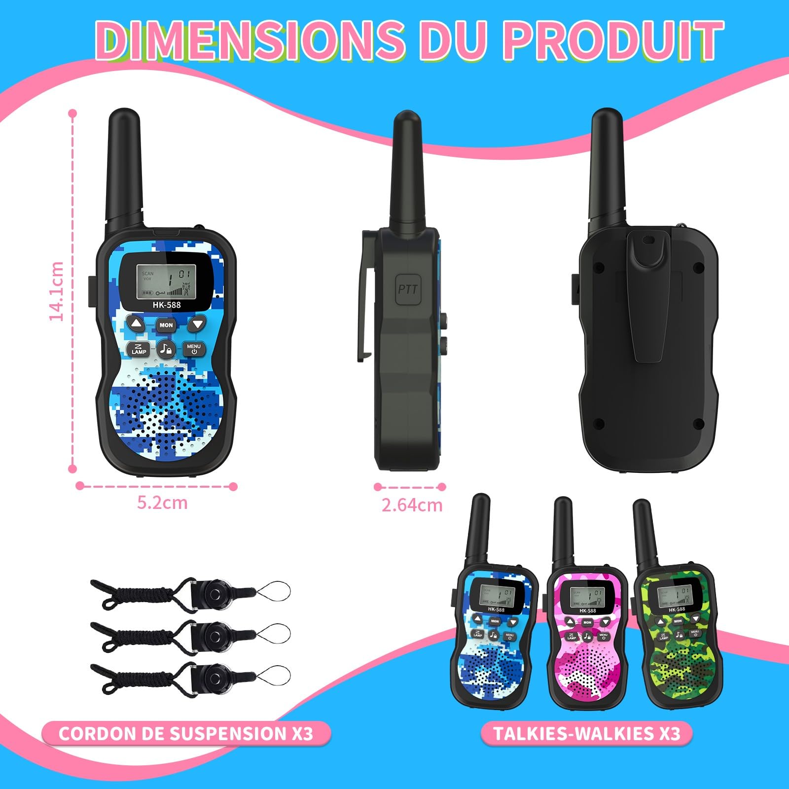 Walkie-Talkies pour Enfants Rechargeables 8 Canaux Autonomie 48h Torche Portée 3KM Camping Jeux