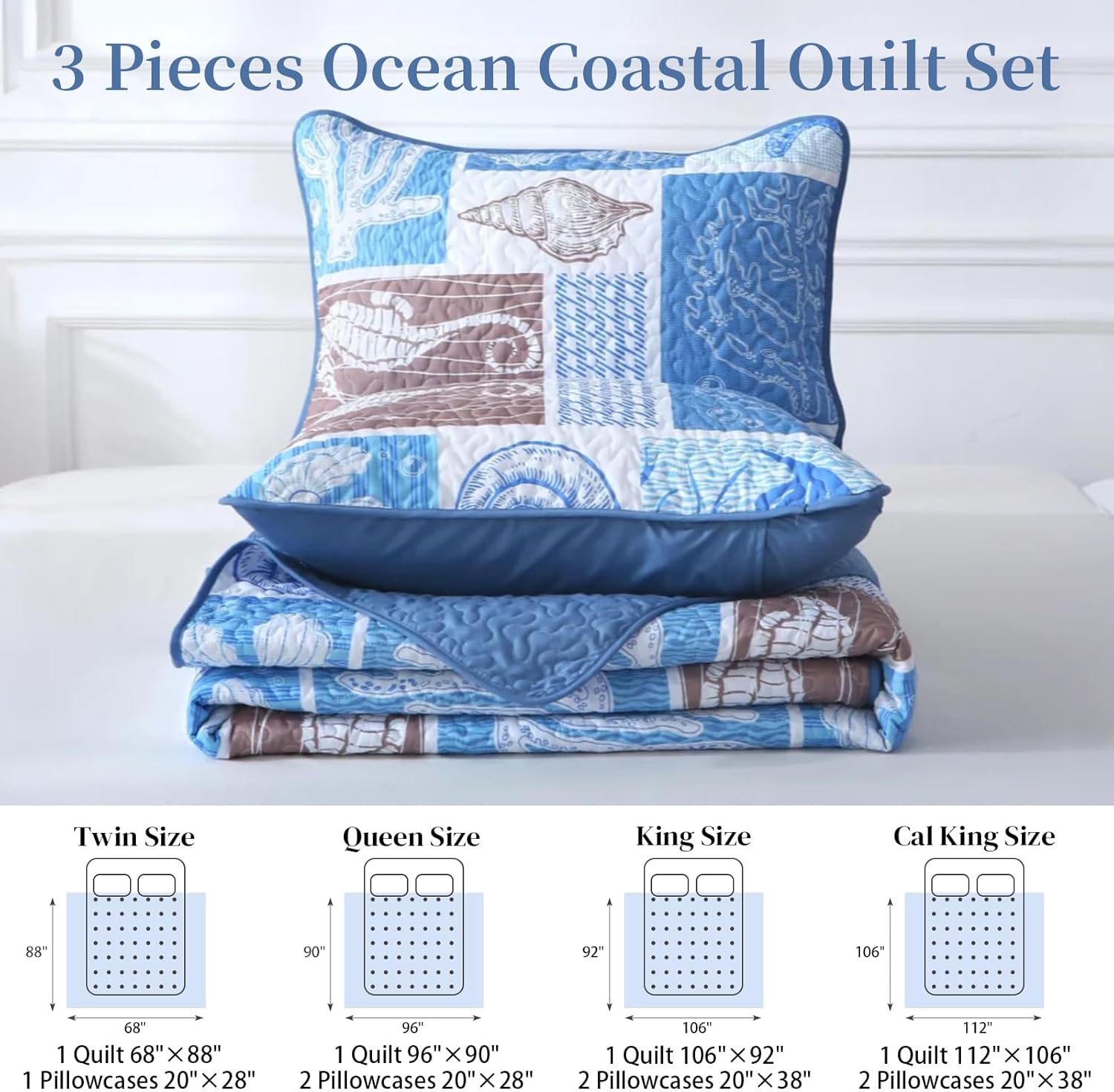 Coastal Quilt Set Queen Size, Beach Coverlet Blue Starfish Coral Seashell Bedspread, Ocean Beach Themed Bed Cover, Microfiber Soft Lightweight Bedding Sets for All Seasons (96"×90")