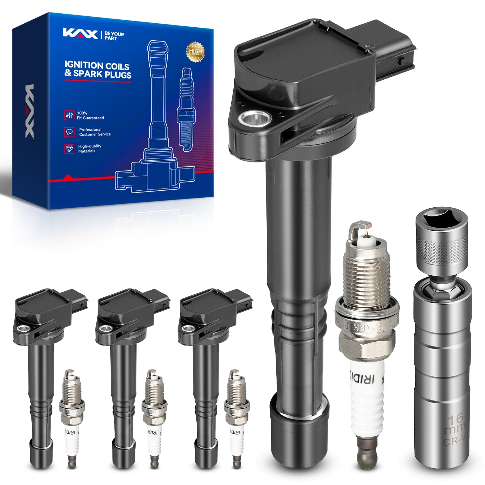Photo 1 of KAX Set of 4 Ignition Coil Pack & Iridium Spark Plugs w/Magnetic Socket for Honda CR-V 2002-2009, Accord 2003-2007 2.4L, Element 2003-2011, Civic 2002-2011 2.0L, Acura RSX 2002-2006 UF311