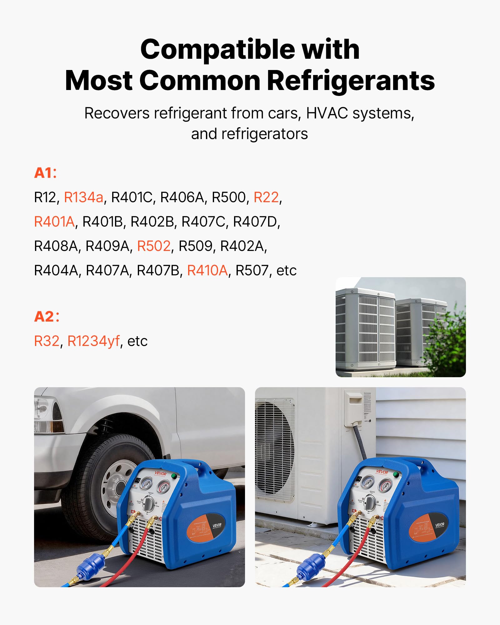 VEVOR Máquina Portátil de Recuperación de Refrigerante 1 HP, Máquina de Recuperación con Protección de Alta Presión 3,5 kg/min Velocidad de 1450 RPM, Cilindro Doble, para Sistemas de Climatización