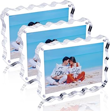 3 Pack Acrylic Picture Frame, Clear Wavy Edge Magnetic Frame, Double-Sided 4x6inch Picture Frame for Desktop, Freestanding Vertical Photo Frame for Home Office Decor Gifts