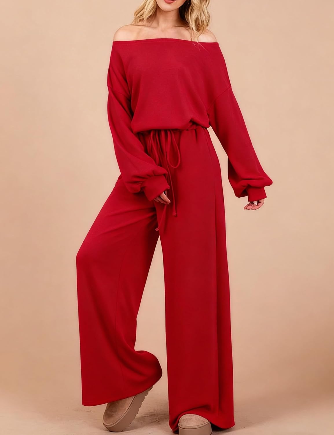 Women's Long Sleeve Jumpsuits Casual Boat Neck Wide Leg Rompers Elastic Waist Drawstring Long Pants Overalls - Image 6
