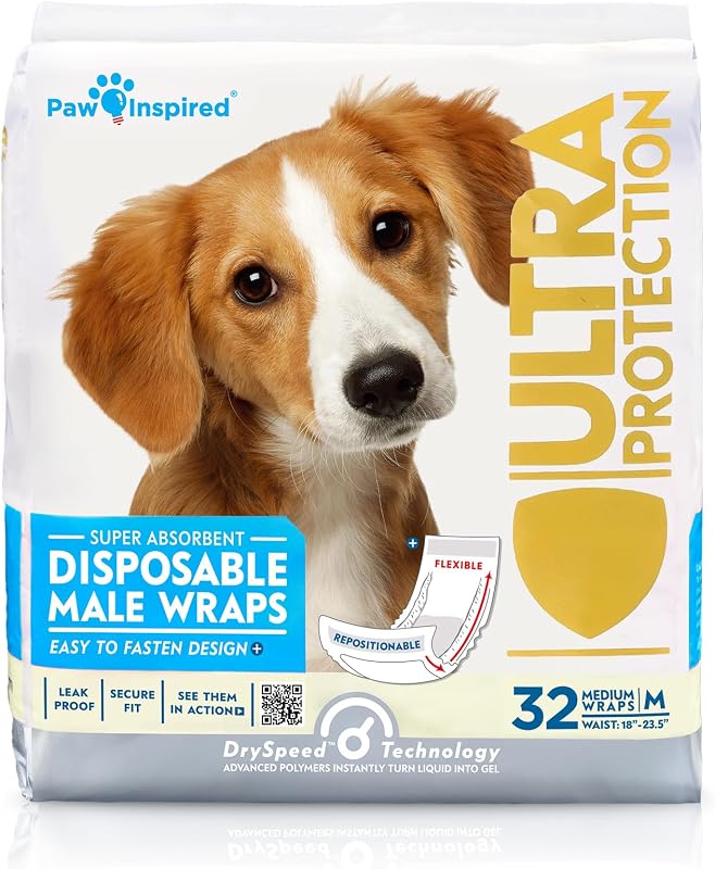 Fraldas Descartáveis para Cães Machos Paw Inspired, Tamanho Médio, Pacote com 32