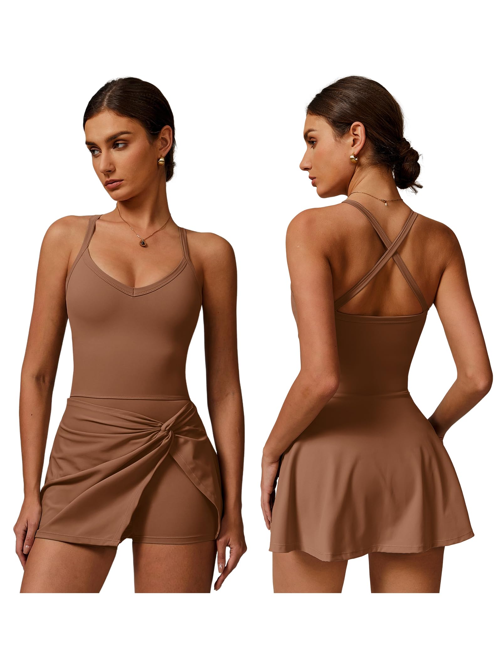 ABEHIK Mini robe de tennis pour femme avec short intégré et bretelles spaghetti à nouer sur le devant et dos nu