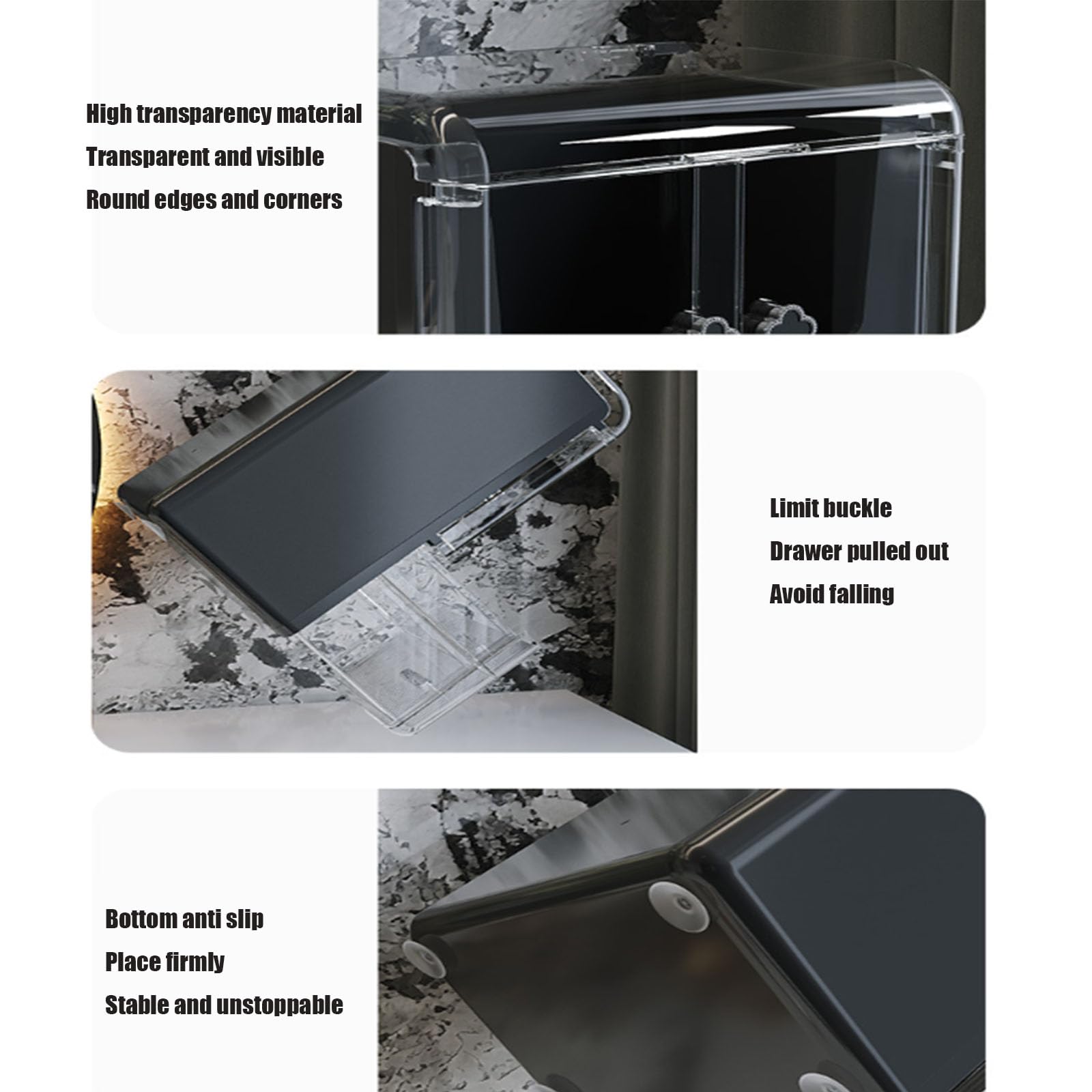 Organizador de Maquillaje Vanity Maquillaje Caja de Almacenamiento de cosméticos Cajones con Tapa de Doble Puerta Transparente Vitrinas portátiles Impermeables a Prueba de Polvo,Negro