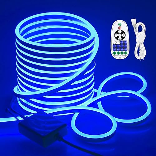 Samsion Tira de luces de neón azul de 50 pies, tira de luz LED de neón impermeable, tira de luz flexible de neón de 49.2 ft, 120 LEDsM AC 110 V 130