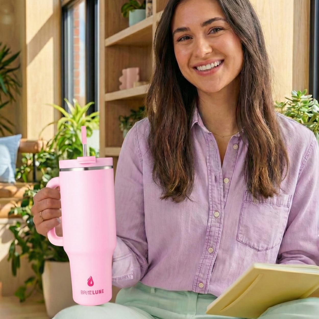 Travel 40oz Tumbler with Handle & Straw, 100% Leakproof, Triple-Insulated, Keeps Drinks Cold 30H/ Hot 12H, Stainless Steel Cup, Cup Holder Friendly (Tea Rose)