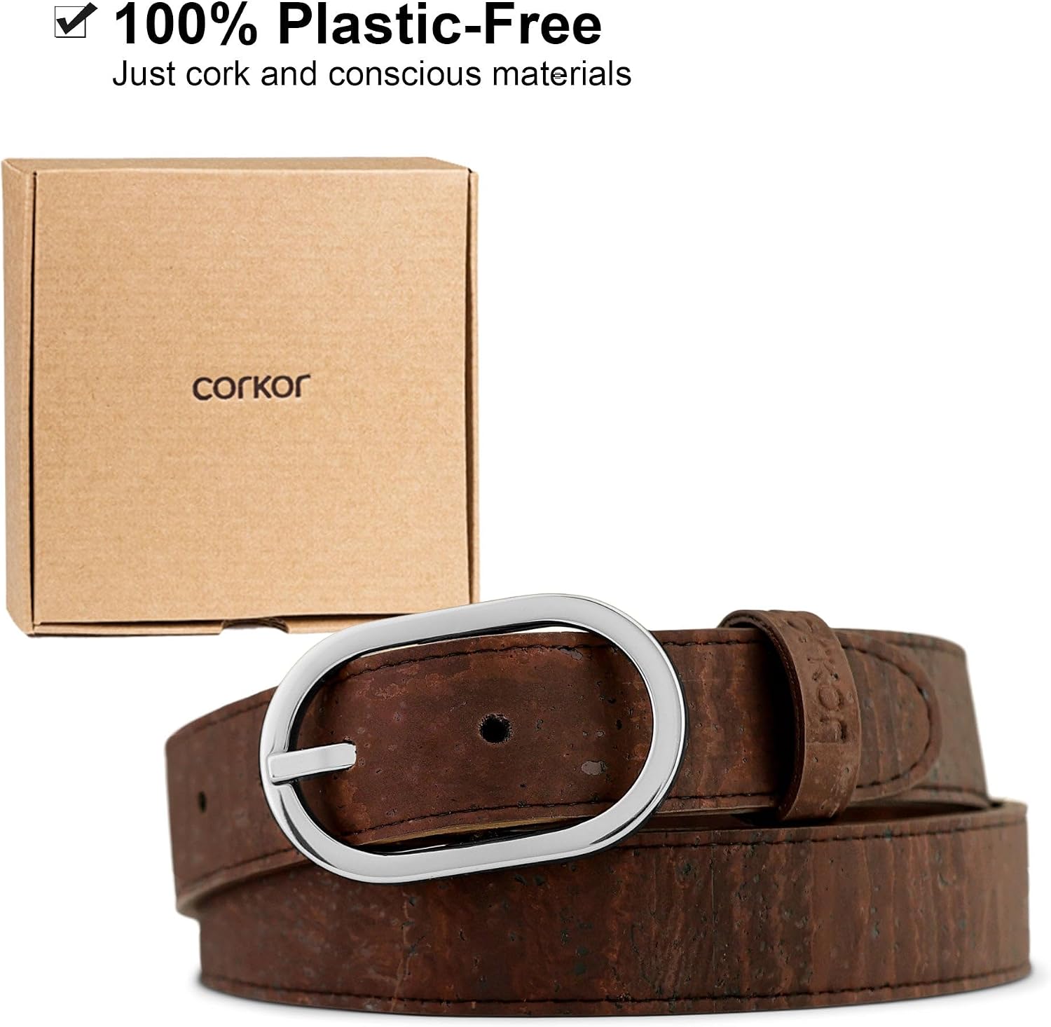 Corkor Women’s Cork Belt 1 1/8" – Brown or Black Strap with Silver or Gold Nickel-Free Buckle, Vegan, Soft