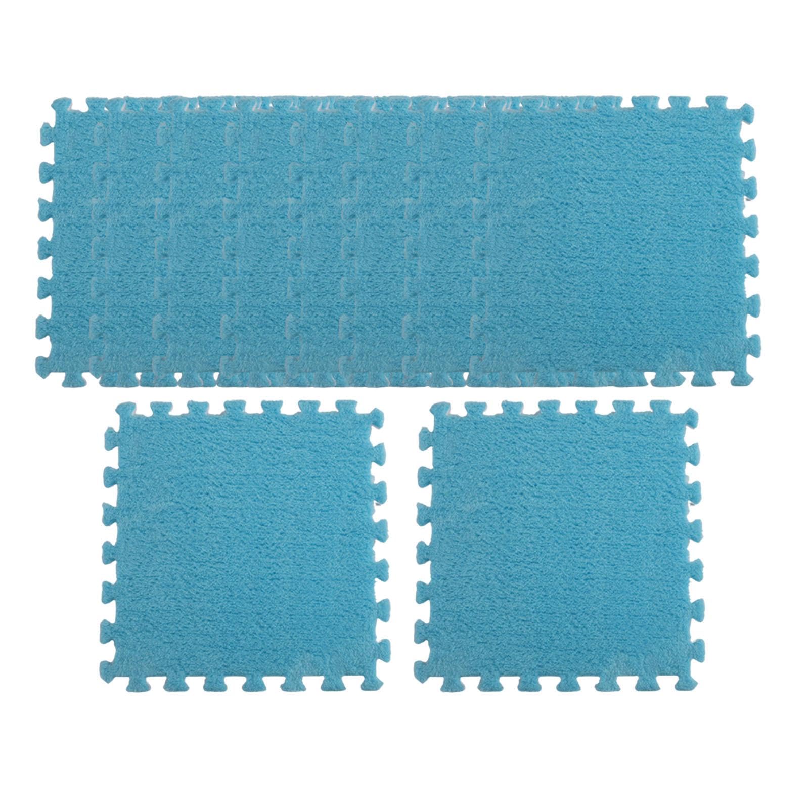 10 Pièces Tapis de Sol en Mousse Puzzle en Peluche, Tapis de Jeu 30x30 Cm Tapis à Poils Longs Antidérapant Tapis de Sol Puzzle pour Salles de Jeux Fer, Bleu