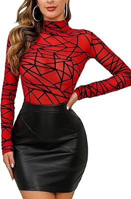 Aranmei Long Sleeve Bodysuit for Women Mesh Bodysuit Turtleneck Sheer Tops Geo Print Leotards S-XXL