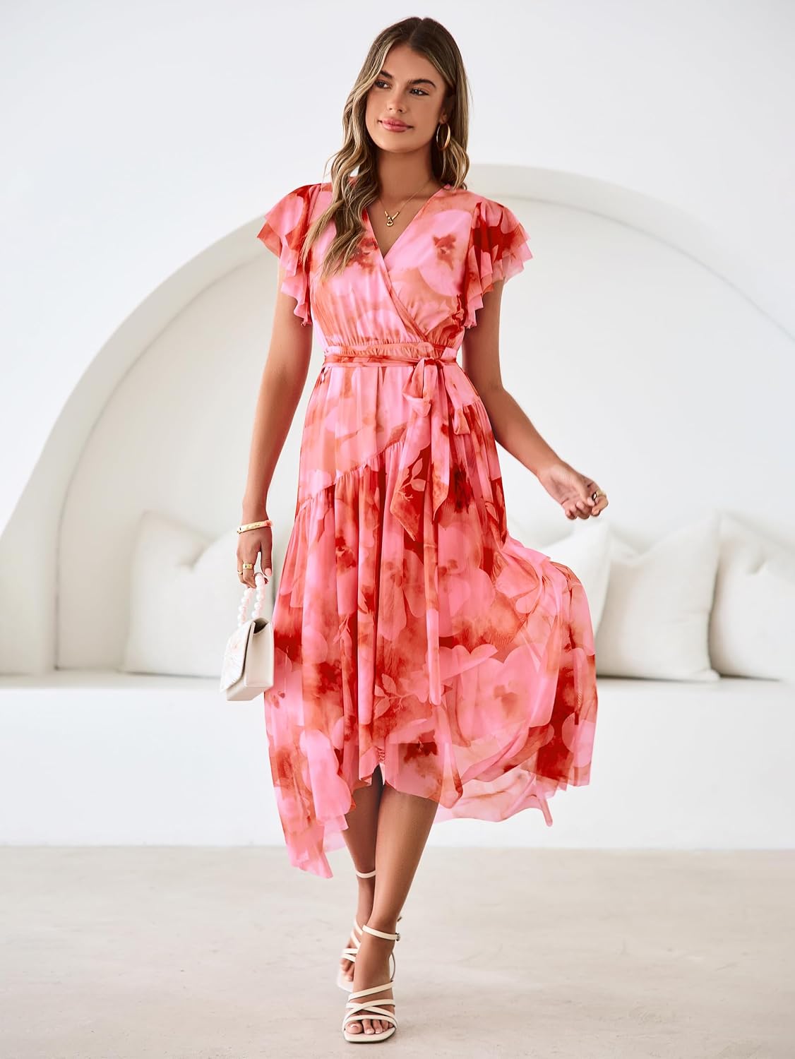 Simplee Womens Summer Floral Maxi Dress 2026 Short Sleeve V Neck Belted Mesh Hem Split Flowy Beach Wedding Guest Dresses - Image 5