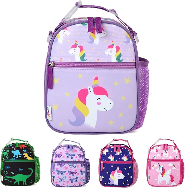 RAVUO Lunch Bag for Girl, Insulated Cute Unicorn Lunch Box for Kids Reusable Lunchbag Tote with Detachable Shoulder Strap and Buckle Handle Purple