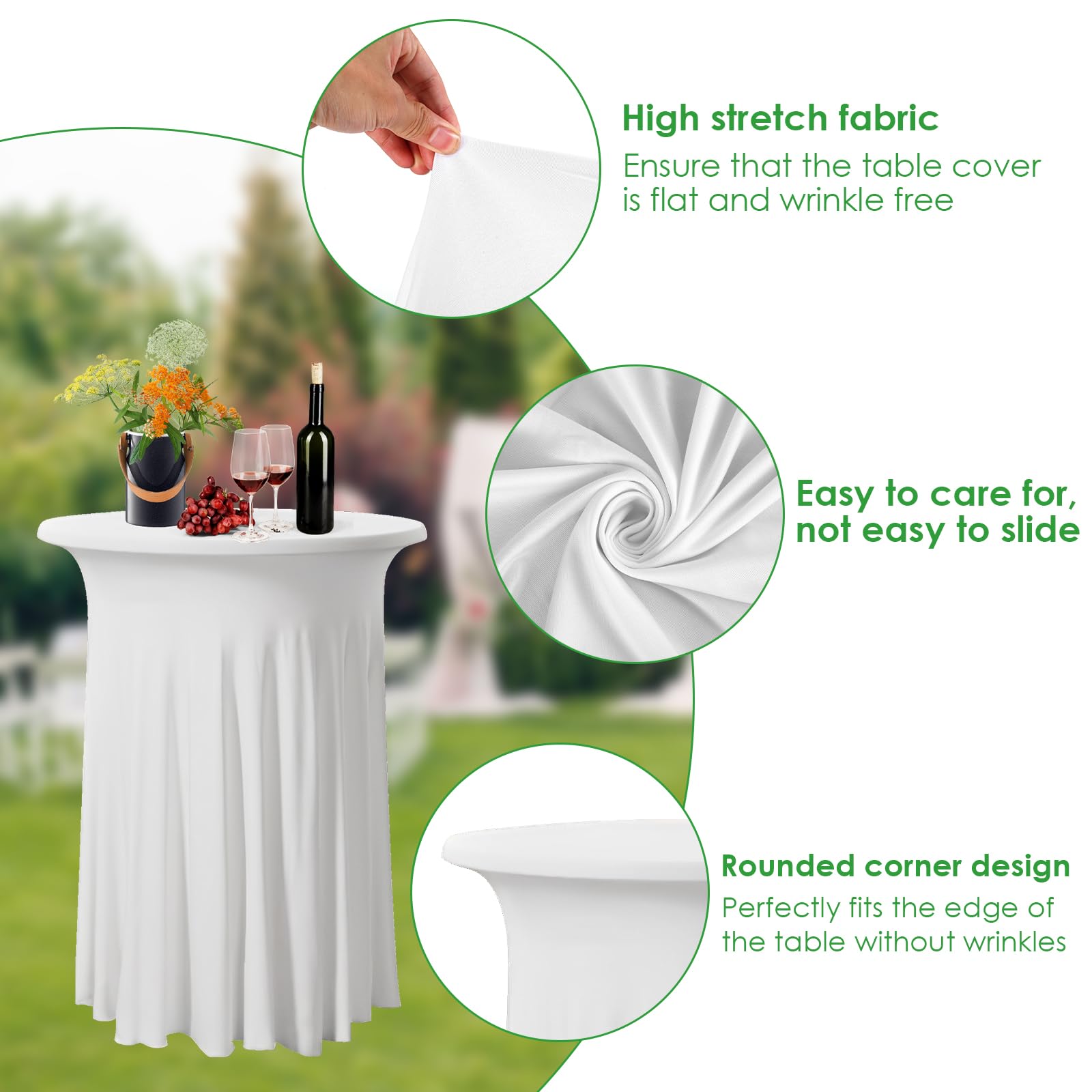 Cocktail Table Covers, Elastic Cocktail Table Cover with Skirt Delicate Cocktail Tablecloth Reusable Cocktail Table Cloth Washable Round Tablecloth Skirt for Wedding Party (White)