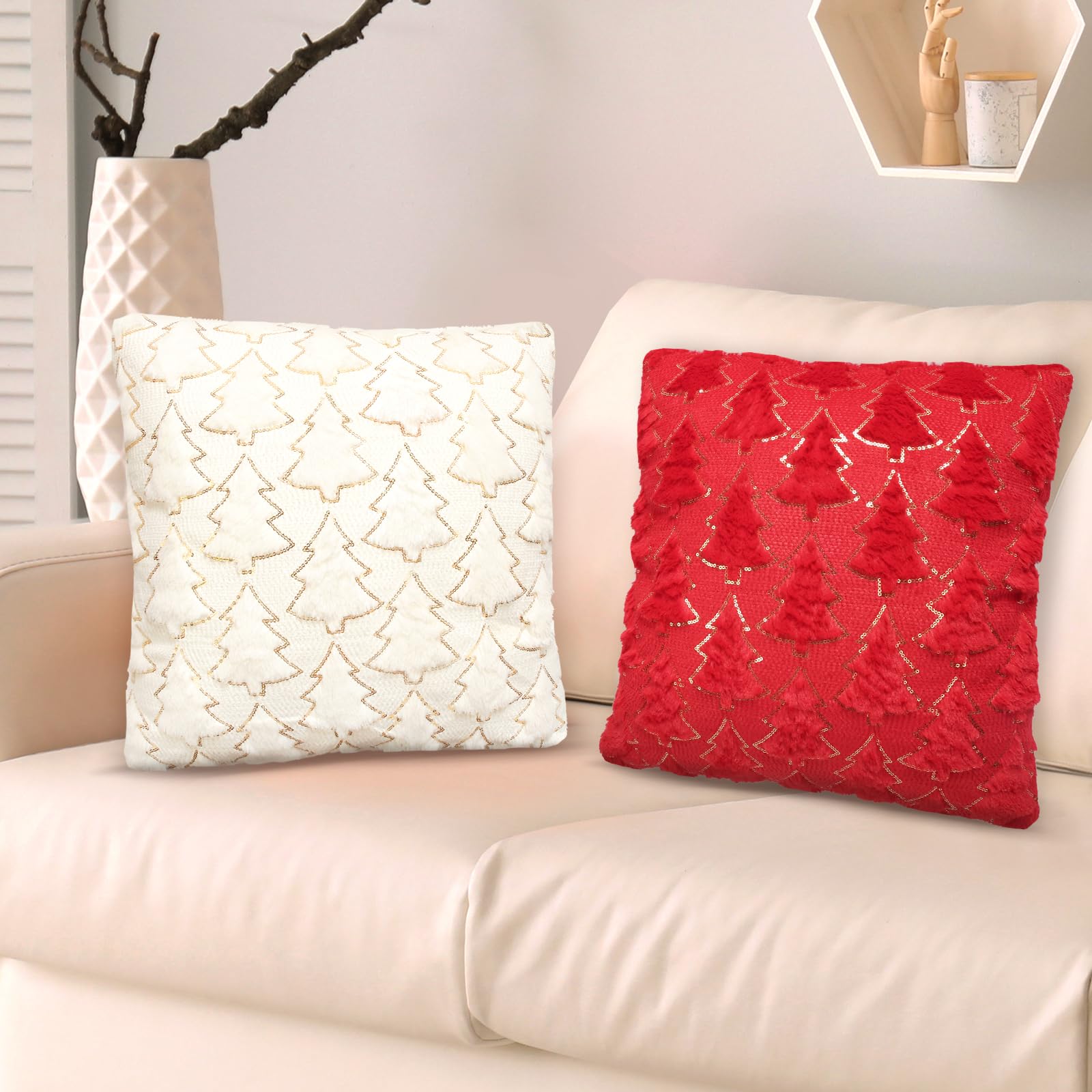 ANNERSAT 2pcs Christmas Throw Pillow Covers 45 x 45 cm Decorative Xmas Cushion Cover Soft Plush Winter Holiday Cushion Case Faux Fur with Xmas Tree Pattern Gift for Christmas Home Sofa Couch Decor โ image 1