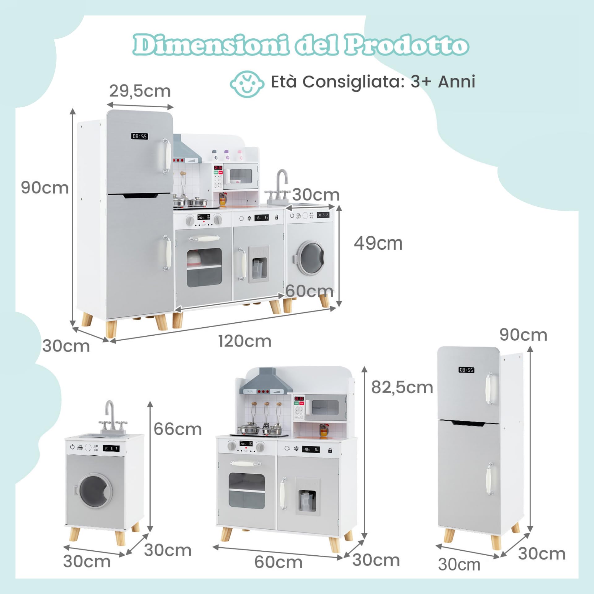 GYMAX Set Cucina Giocattolo Modulari per Bambini, Cucina Angolare con Cappa, Lavatrice, Macchina del Ghiaccio, Microonde, Luce e Suoni Reali, Cucina per Bambini dai 3 Anni+ (Grigio)