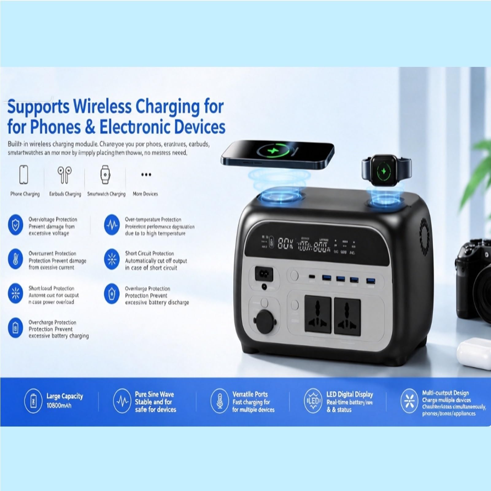 Stazione di alimentazione portatile compatta500W,Generatore solare 345.1Wh | Con MPPT & ricarica wireless, porte multiple per campeggio e alimentazione di emergenza(220V EU Plug)