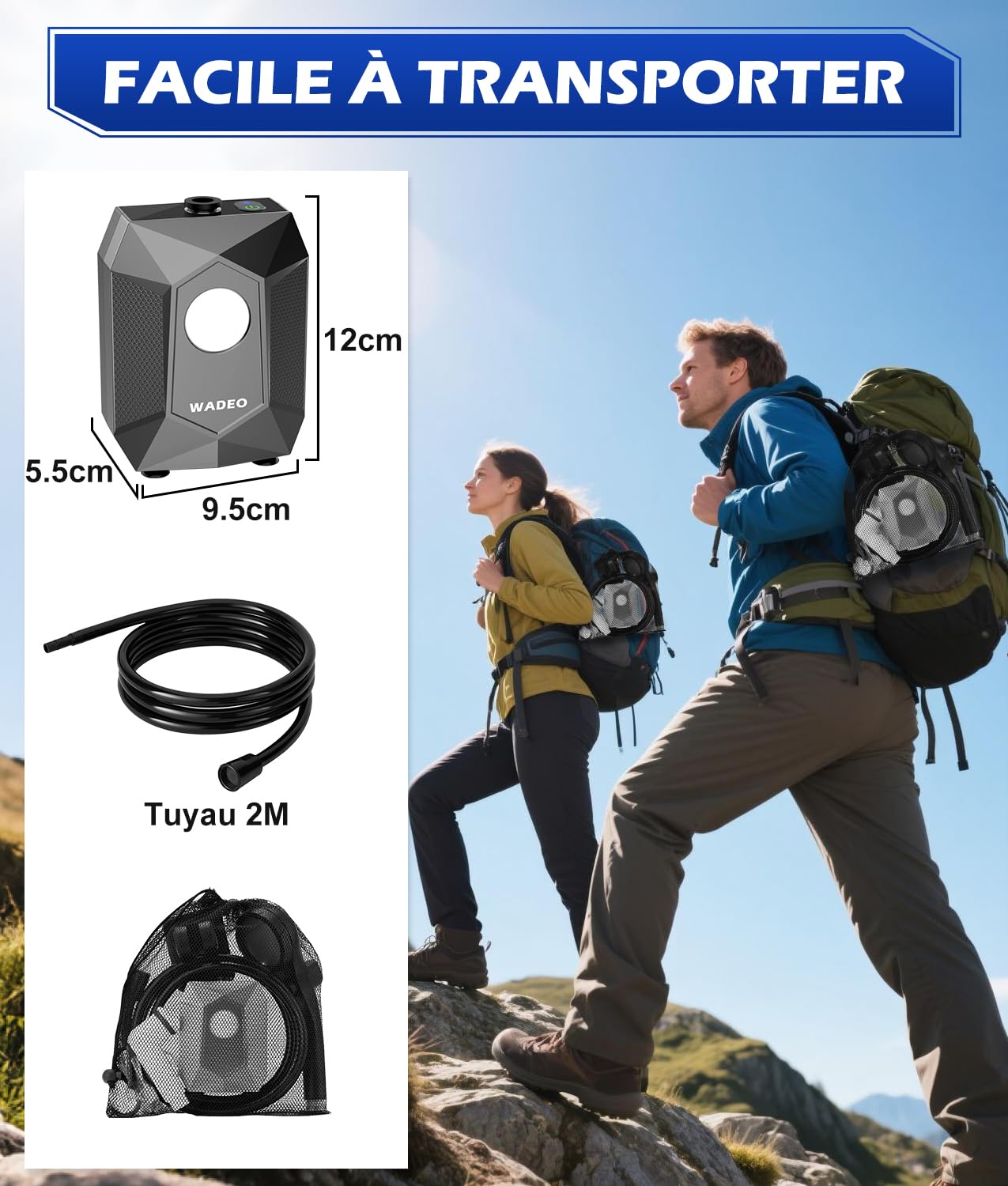 WADEO Kit Douche de Camping, Douche Portable - Pompe Rechargeable 6000mAh avec Lumière LED, 5 Modes de Jet, Affichage Fahrenheit/°C, IPX8 - pour Camping Expert, Voyage & Soins Animaux