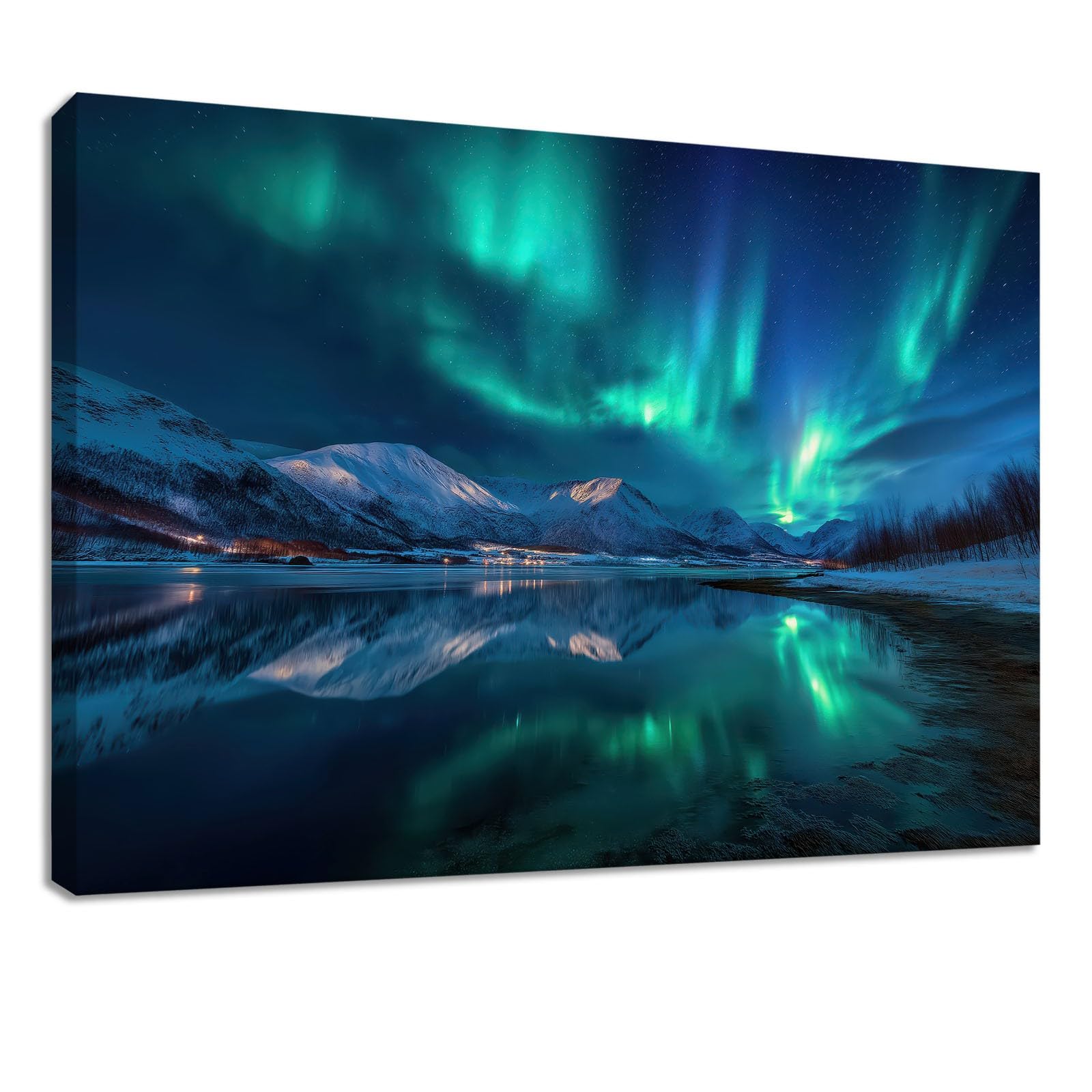 Płótno Natura Krajobraz ścienny 140 x 70 cm Niebieski Zorza polarna Śnieżek Jezioro - Obraz na płótnie na drewnianej ramie i dekoracja do salonu i sypialni