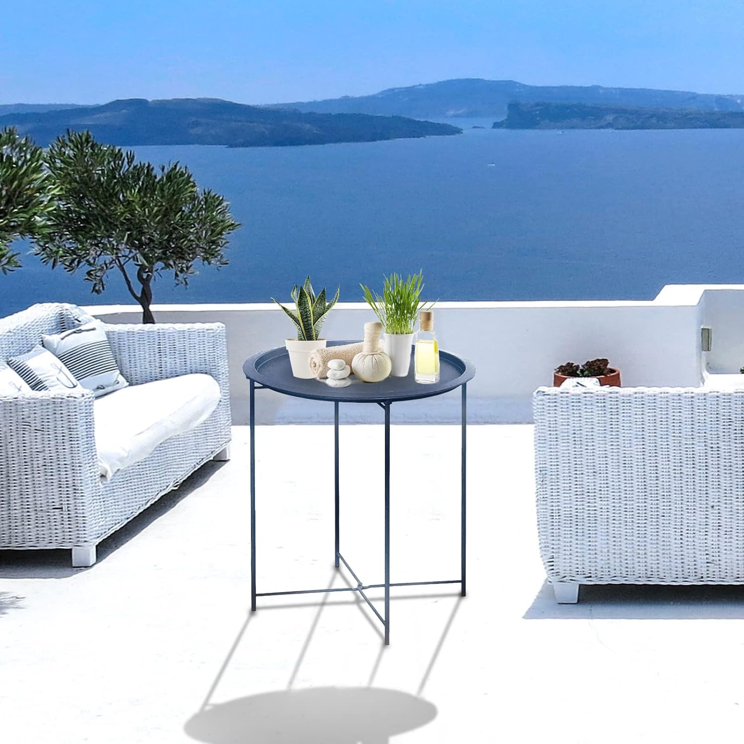 Garden 4 you End Table Metal Side Table Blue Round Folding Tray Cyan Sofa Small Accent Fold-able Table, Round End Table Tray, Next to Sofa Table, Snack Table for Living Room and Bed Room